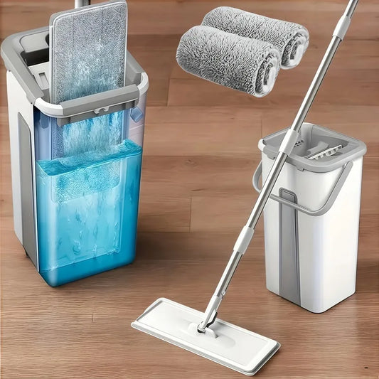 Hands-Free Flat Mop & Bucket Set with 4 Reusable Microfiber Pads, Swivel, Long Handle for Floor & Wall Cleaning