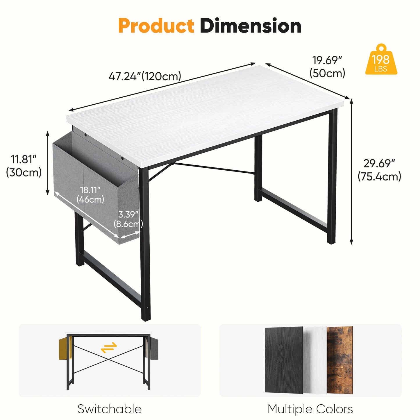 Computer Office Desk Writing Study Gaming Table with Storage Bag Metal Frame Wood Tabletop Easy Assembly
