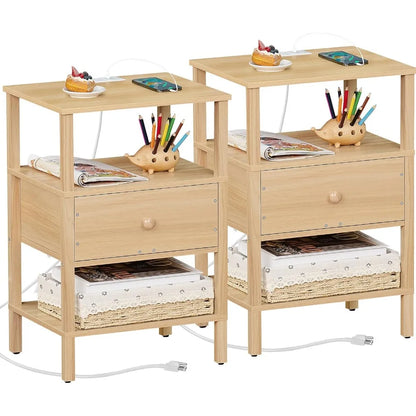 3-Tier Storage End Table with Drawer Shelf, Nightstand with charging station