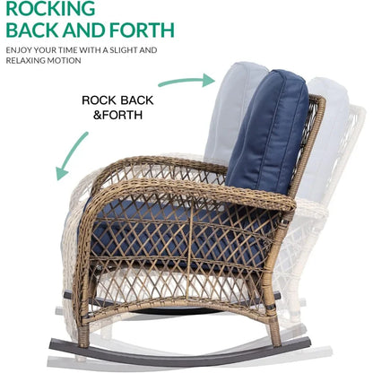 3-piece outdoor patio wicker rocking chairs rattan furniture sets w/ 2 rattan chairs, cushions, glass