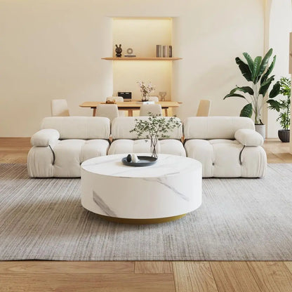 Round Coffee Table with 2 Drawers, Sintered Stone Tabletop and Golden Base, Center Table
