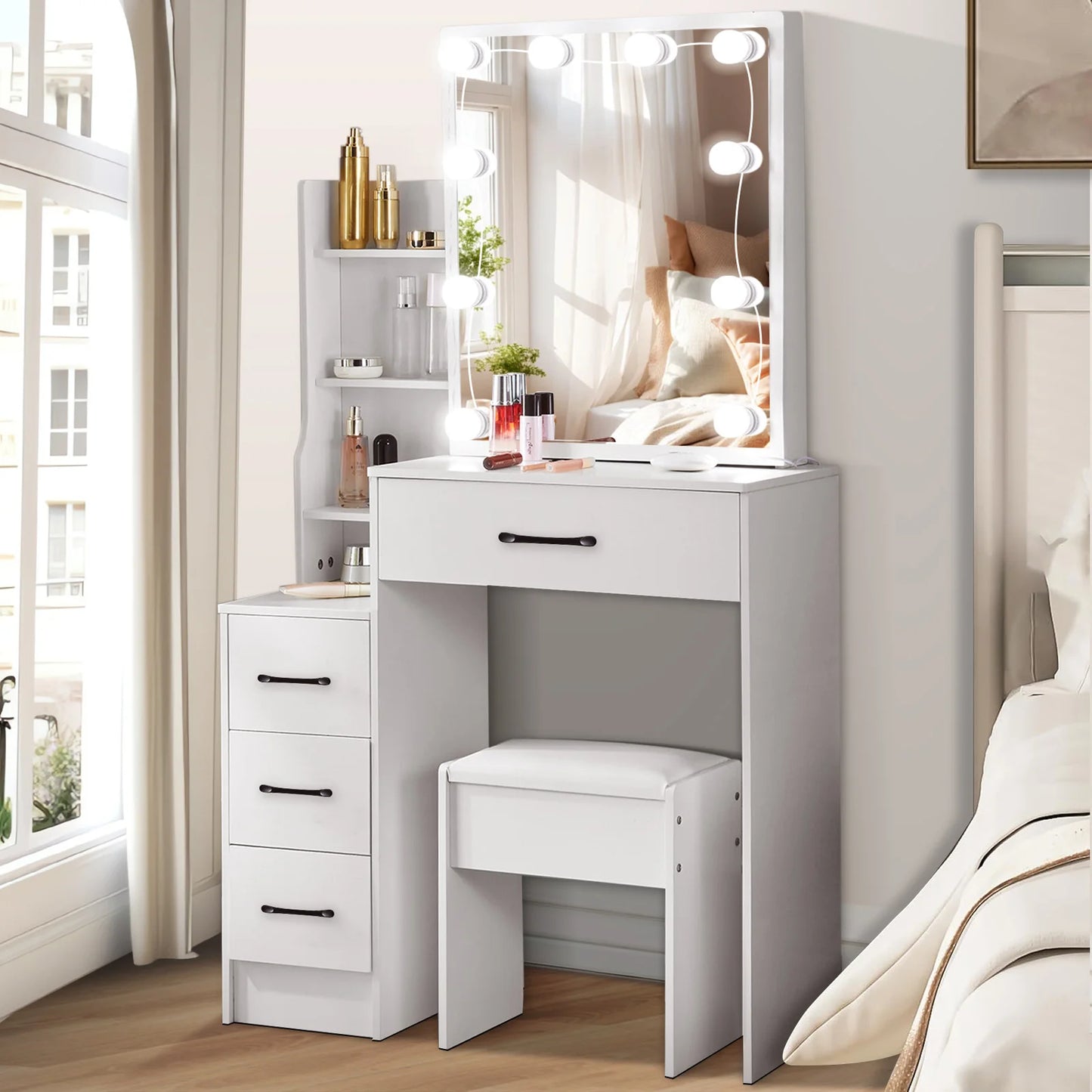 Modern White Dressing Table Stool Set with 3-Color Adjustable LED Light Mirror 4 Drawers.