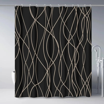 unframed Modern black and white striped corrugated fabric bathroom shower curtain.