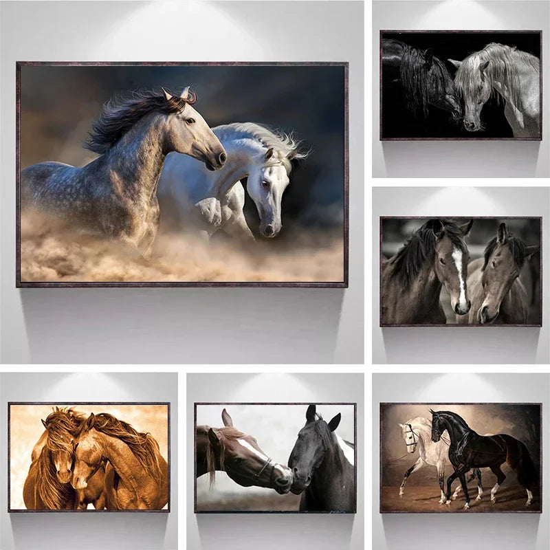 Black and White Horse Canvas Wall Art Two Horses Animal Farm Prints Posters