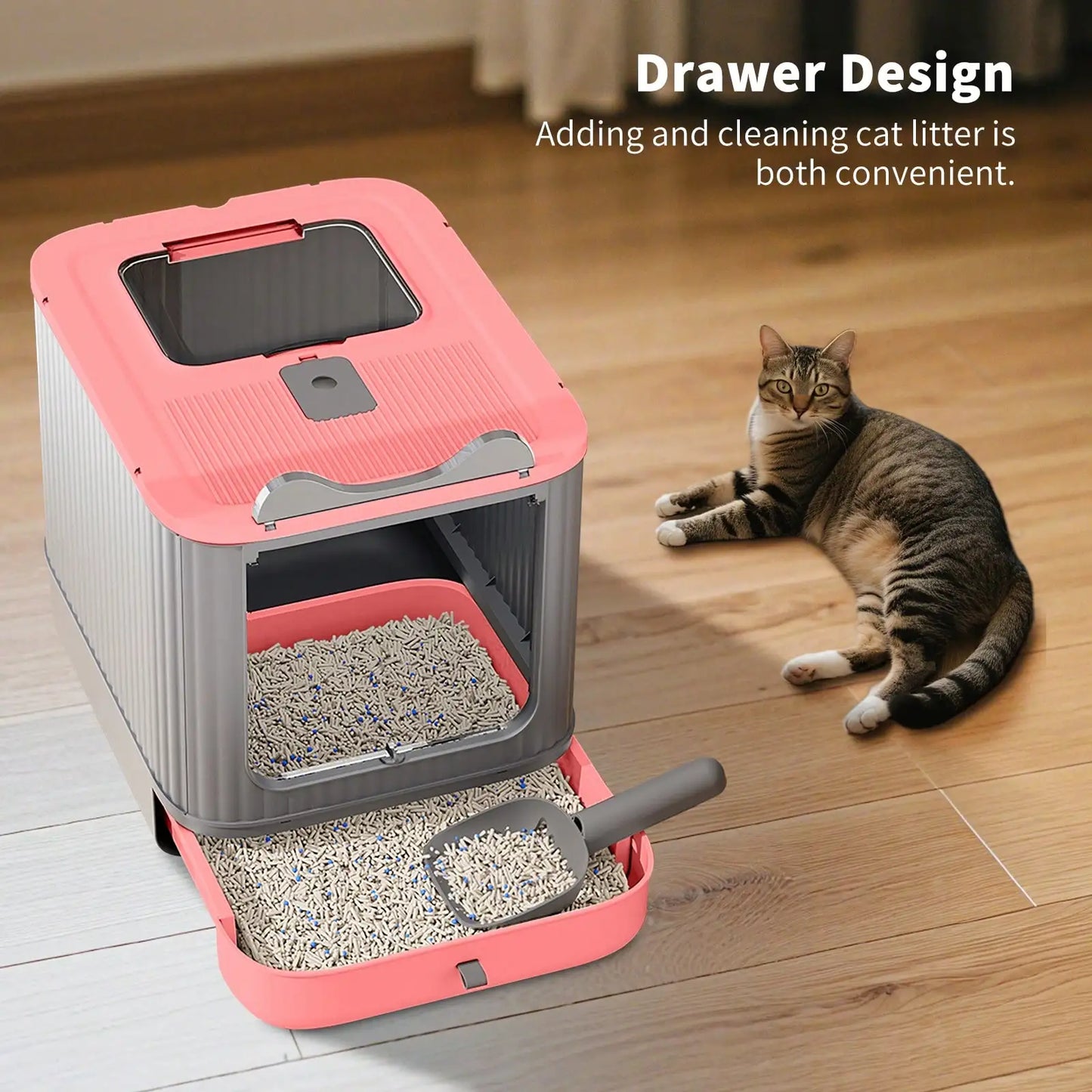 Foldable Cat Litter Box, Fully Enclosed Litter Box with Lid, Covered Enclosure with Scoop, Odor Control, Easy to Clean
