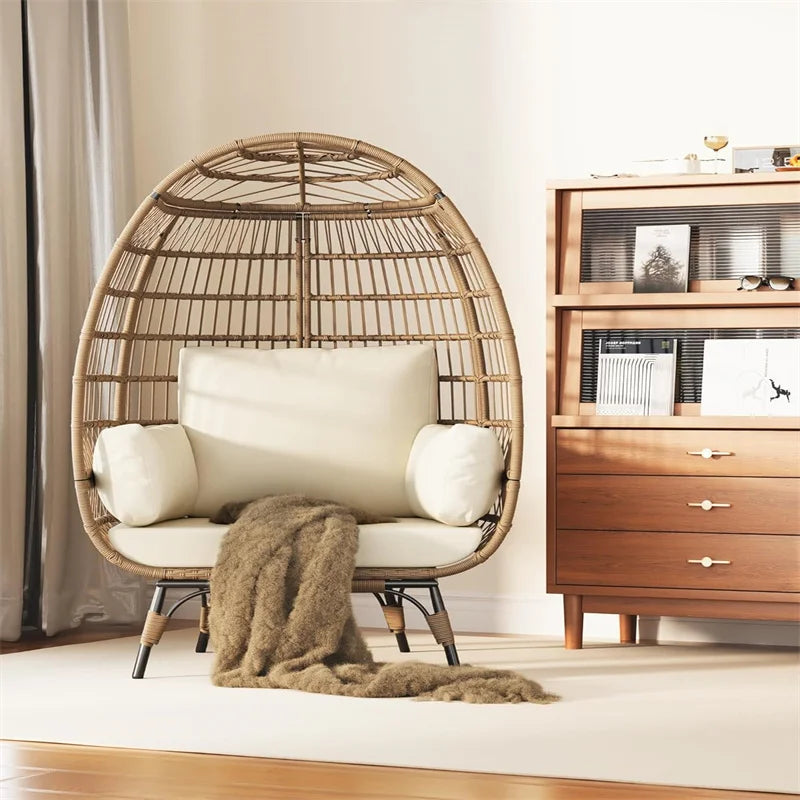 Oversized Egg Chair for Outdoor, Wicker Egg Chair with Cushions & Steel Frame