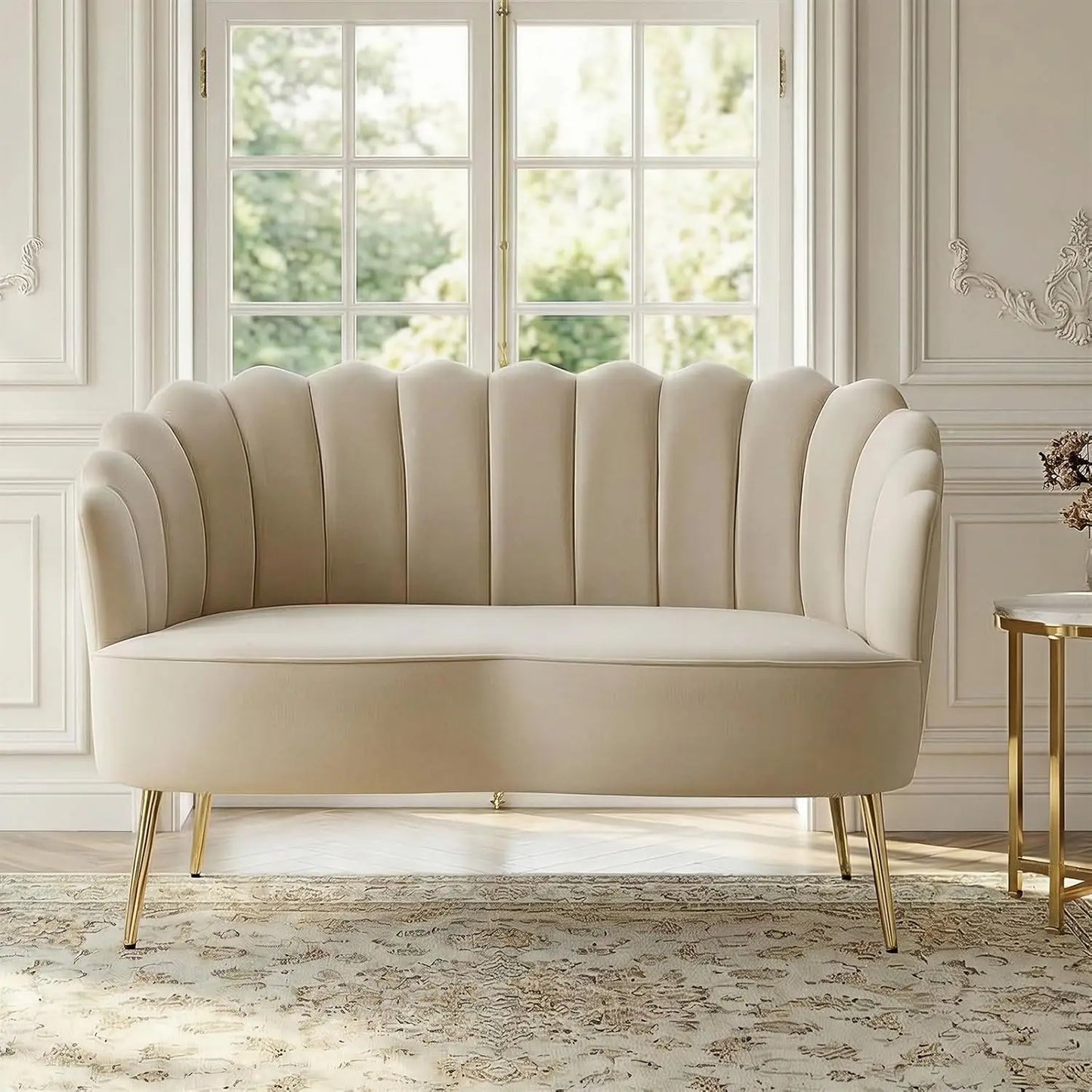 Velvet Loveseat Gold Metal Legs Modern Flower Back 2-Seater