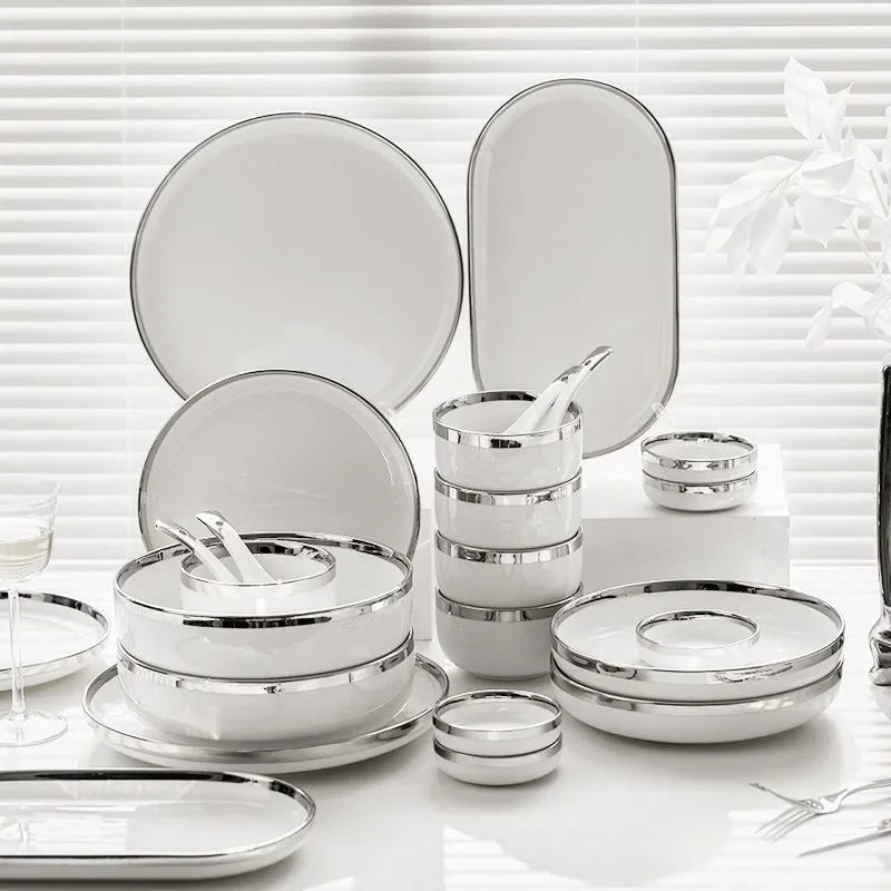 White Ceramic Plates With Silver Steak Serving Plate Bowls Ins Dinnerware set