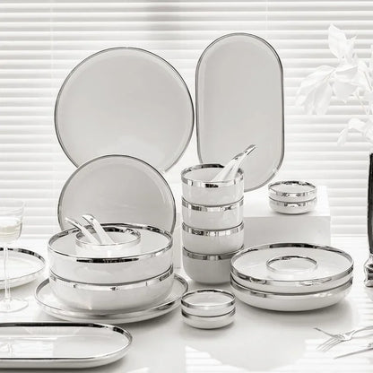 White Ceramic Plates With Silver Steak Serving Plate Bowls Ins Dinnerware set