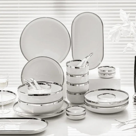 White Ceramic Plates With Silver Steak Serving Plate Bowls Ins Dinnerware set
