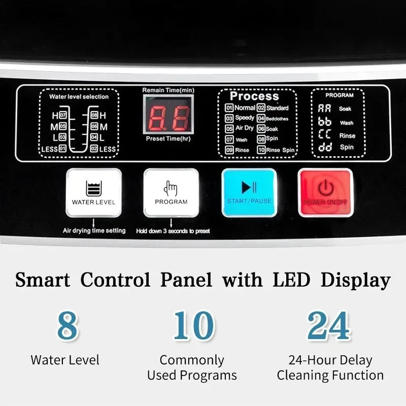 Automatic Top Load Portable Washer - 10 Wash Programs and 8 Water Levels, 2-in-1 Compact with Drain Pump