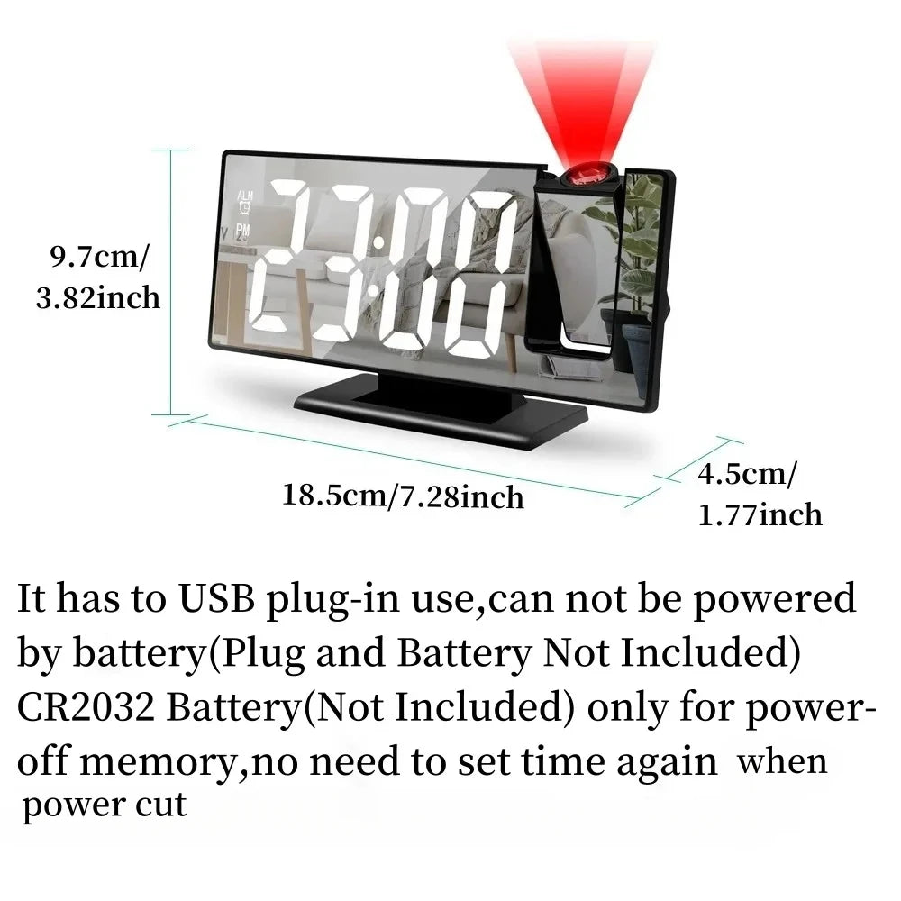 Arm Projection Alarm Clock Time Temperature USB Plug-in Digital Alarm Clock Snooze Table Clock 12/24H Projector LED Clock
