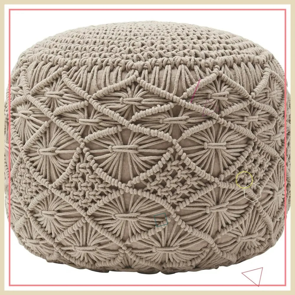 Hand Knitted Cotton Pouf Ottoman Foot Rest - Boho Round Stuffed for Living Room Bedroom Beige