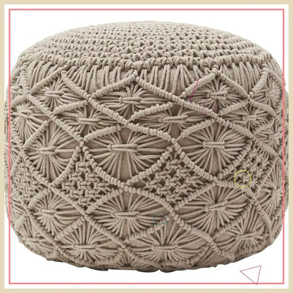 Hand Knitted Cotton Pouf Ottoman Foot Rest - Boho Round Stuffed for Living Room Bedroom Beige