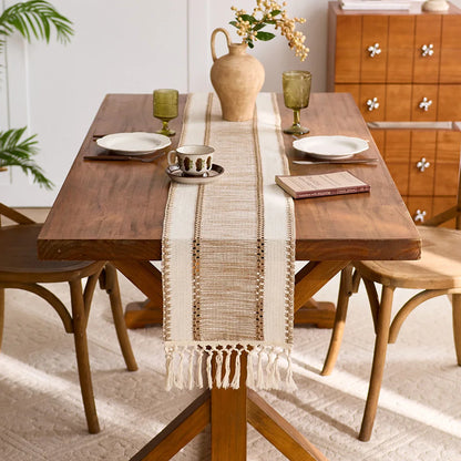 khaki Macrame- Farmhouse Table Runner Design Durable Fabric