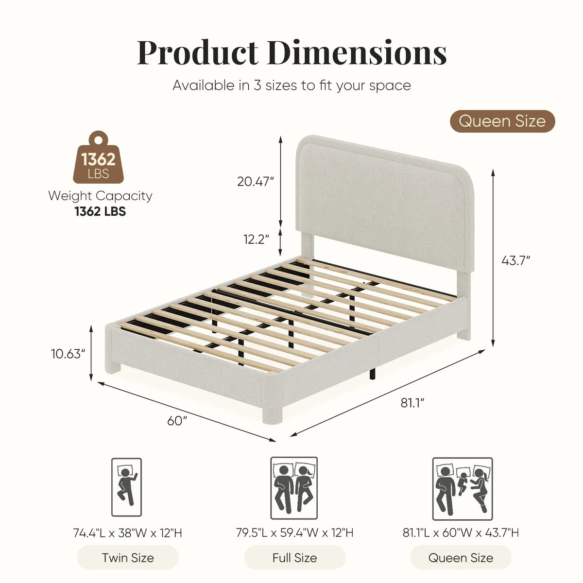 Adjustable Teddy Fleece Headboard No Box Spring Required Wooden Slats Support Easy Assembly Noise Free