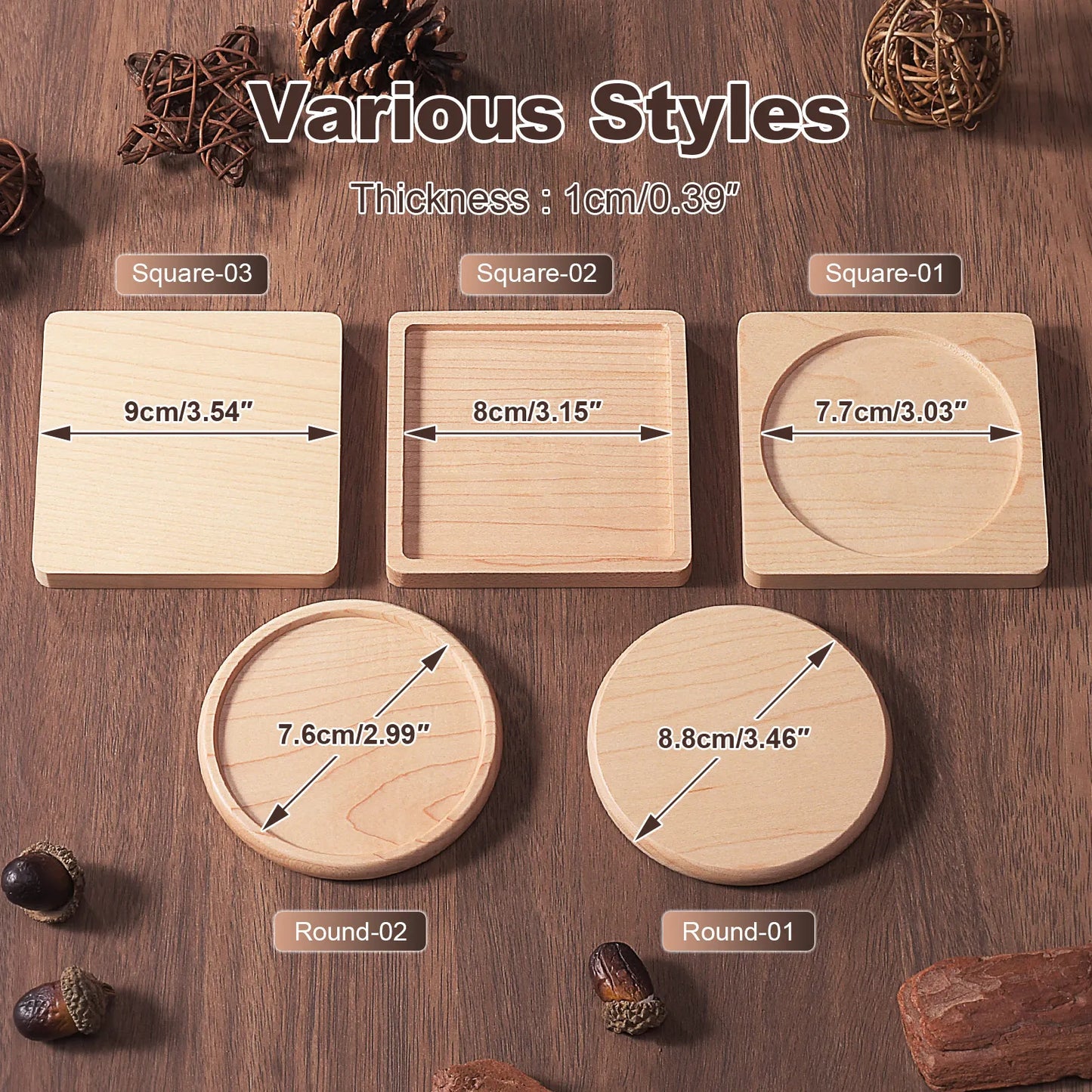 Wood Coaster Round Square Beech Wood Cup Mat Durable Heat Resistant Pad Placemats 8.8cm/3.46in