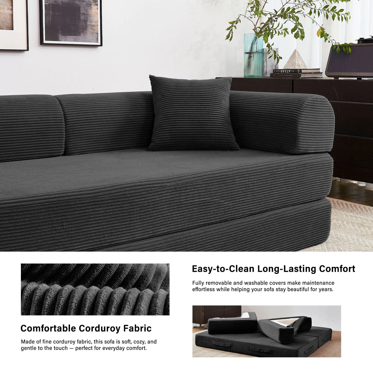 Couch Foldable Convertible Futon Sleeper Sofa Bed Floor Lounge with L-Shaped Armrests