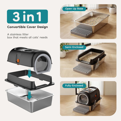 Stainless Steel Cat Litter Box with Fully Enclosed Scoop and Mat Included