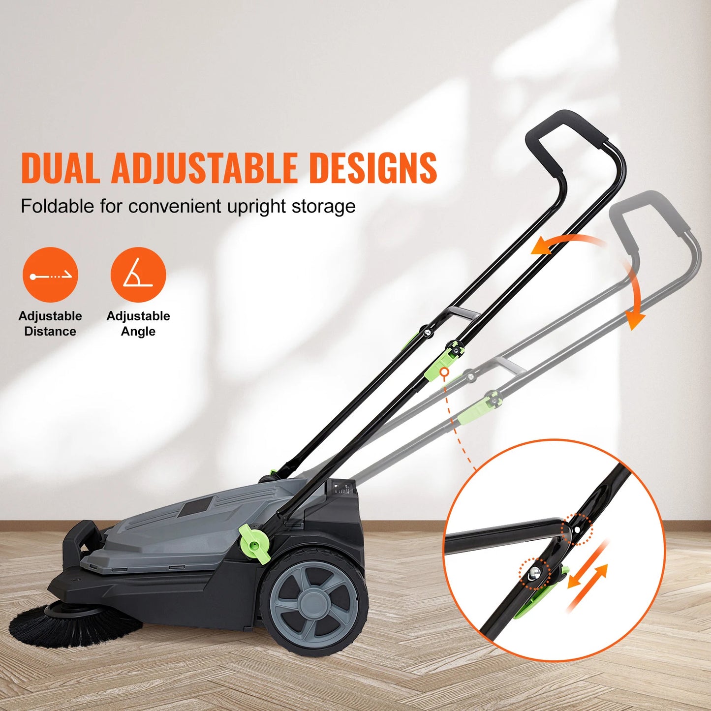 SucceBuy Walk-behind Hand Push Floor Sweeper 5-Gal Waste Container Angle & Height Adjustable