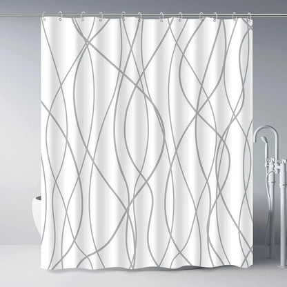 unframed Modern black and white striped corrugated fabric bathroom shower curtain.
