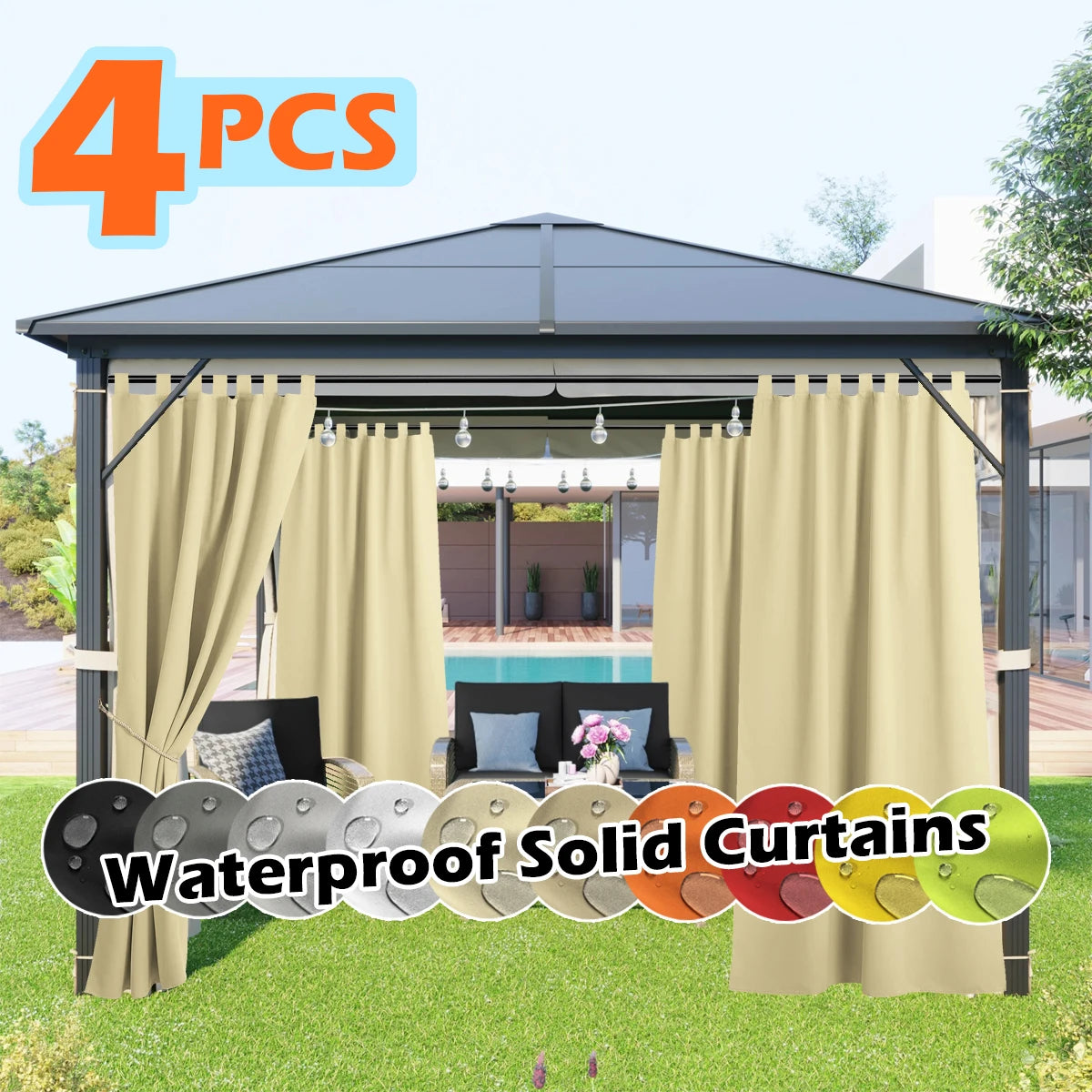 4 Panels Outdoor Curtains, Waterproof & UV-Resistant Tab Top Design