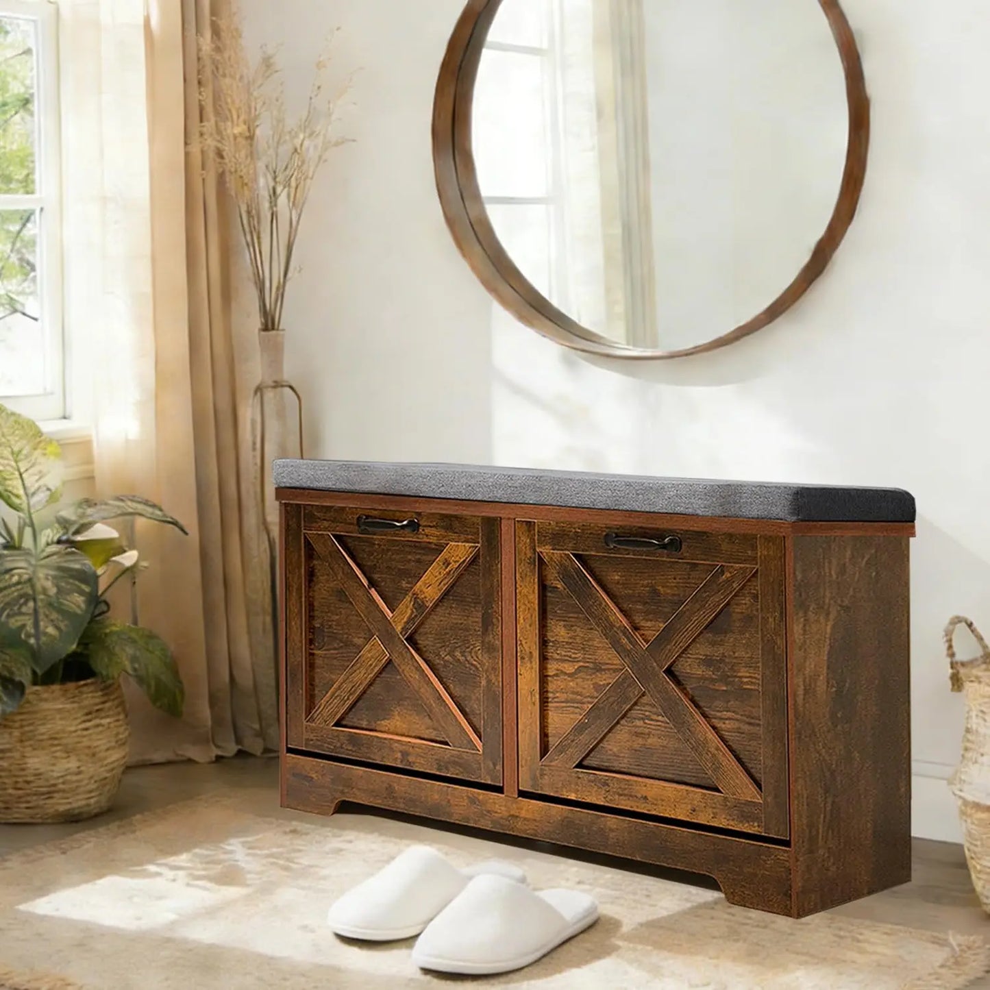 Shoe Storage entryway Bench with seat cushion Flip Drawers & Lift Top Storage Box,3-Tier Short Shoe