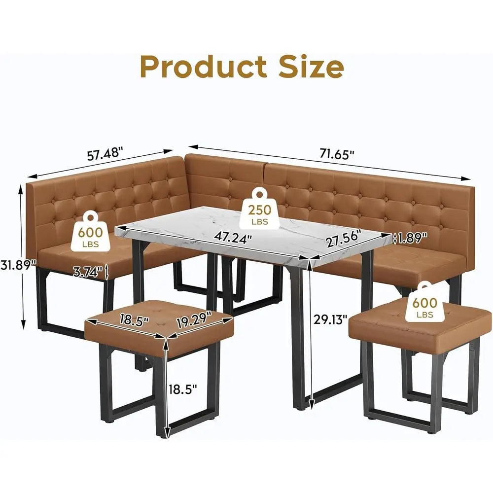 L-Shaped Booth Dining Table Set, Bench Seating or 6, Space Saving Dining