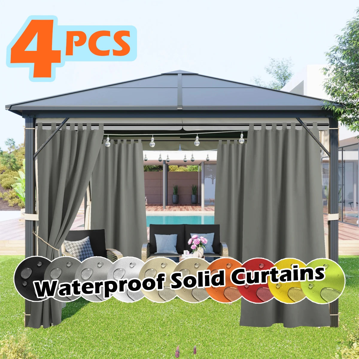 4 Panels Outdoor Curtains, Waterproof & UV-Resistant Tab Top Design