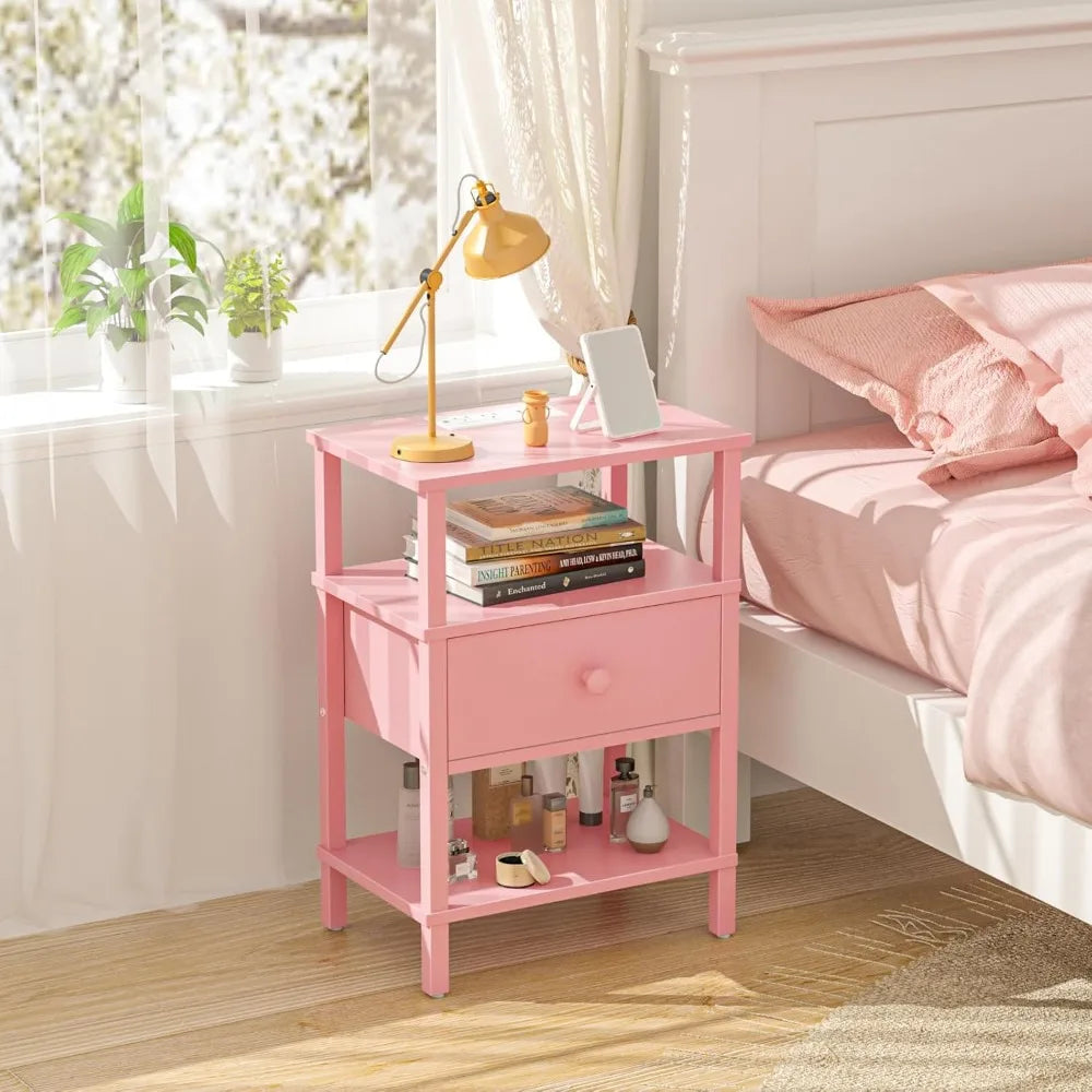 3-Tier Storage End Table with Drawer Shelf, Nightstand with charging station