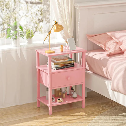 3-Tier Storage End Table with Drawer Shelf, Nightstand with charging station