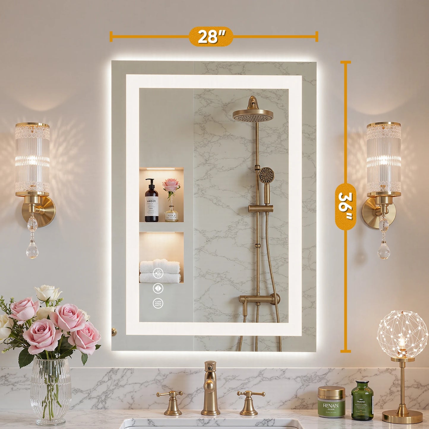 LED Bathroom Vanity Mirror for Wall Memory Function Tempered Glass with 3 Color Temperatures Front Light