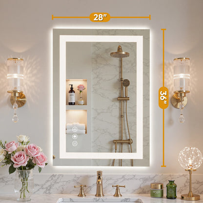 LED Bathroom Vanity Mirror for Wall Memory Function Tempered Glass with 3 Color Temperatures Front Light