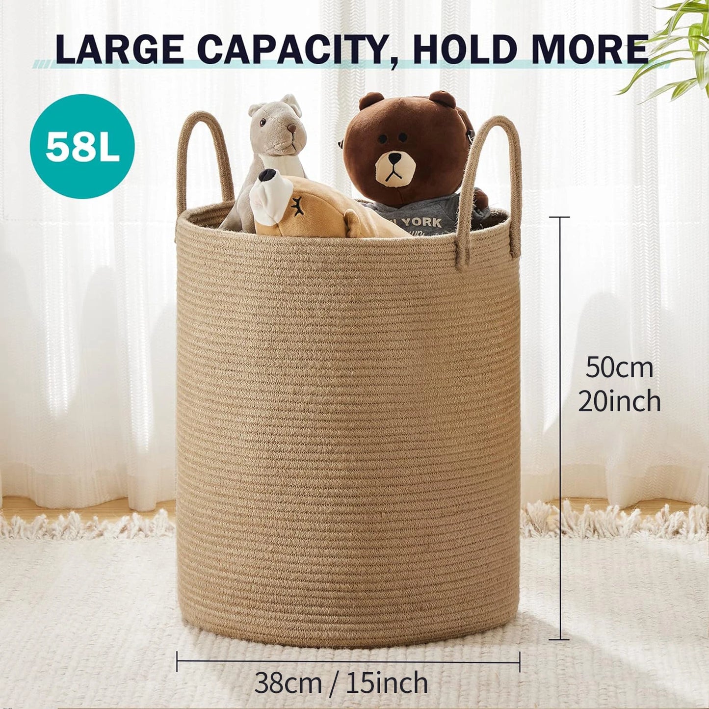 Large Storage Basket Tall Woven Laundry Hamper with Handles Foldable Cotton Rope