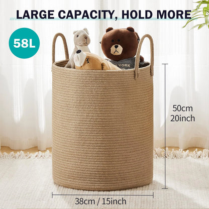 Large Storage Basket Tall Woven Laundry Hamper with Handles Foldable Cotton Rope