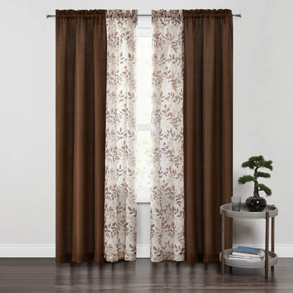 Curtain and Sheers Set 4 Panels Brown 27.5" W x 84 L