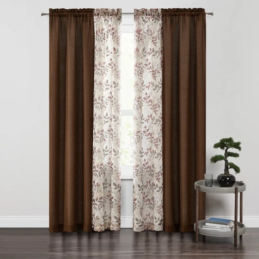 Curtain and Sheers Set 4 Panels Brown 27.5" W x 84 L