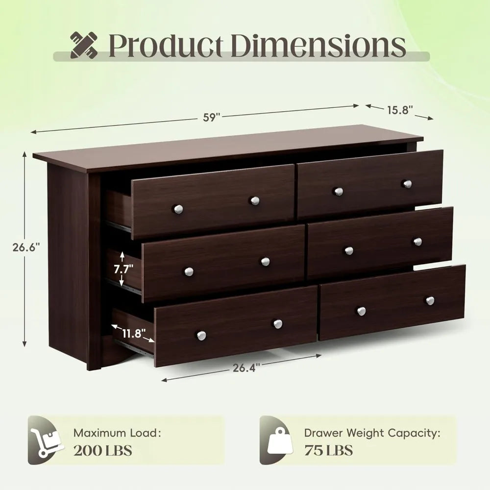JUMMICO Dresser 6 Drawers Storage Design for Bedroom an Living Room.