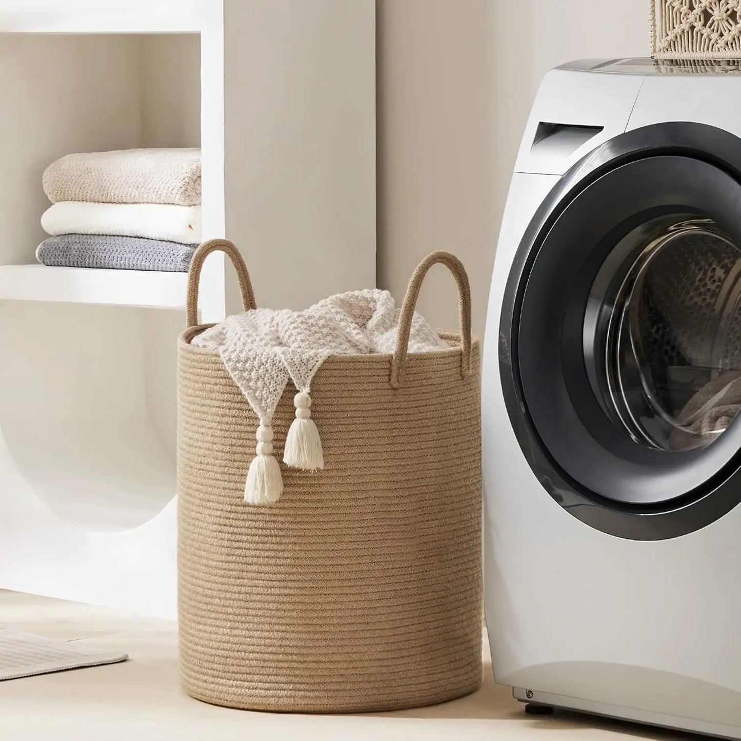 Large Storage Basket Tall Woven Laundry Hamper with Handles Foldable Cotton Rope