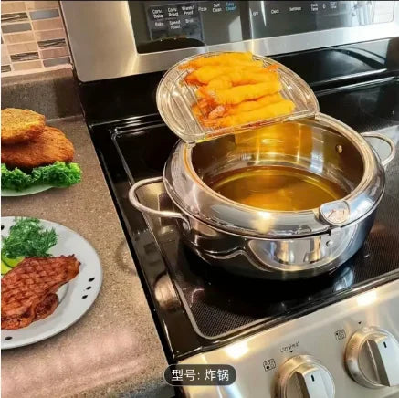Deep Fryer Pot Stainless Steel with Built-in Thermometer & Oil Drip Rack, Non-Stick, Safe for Gas & Induction Cookers