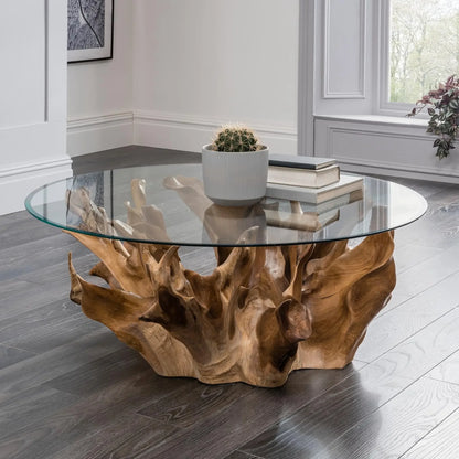 Teak root coffee table base, including 55-inch round glass top