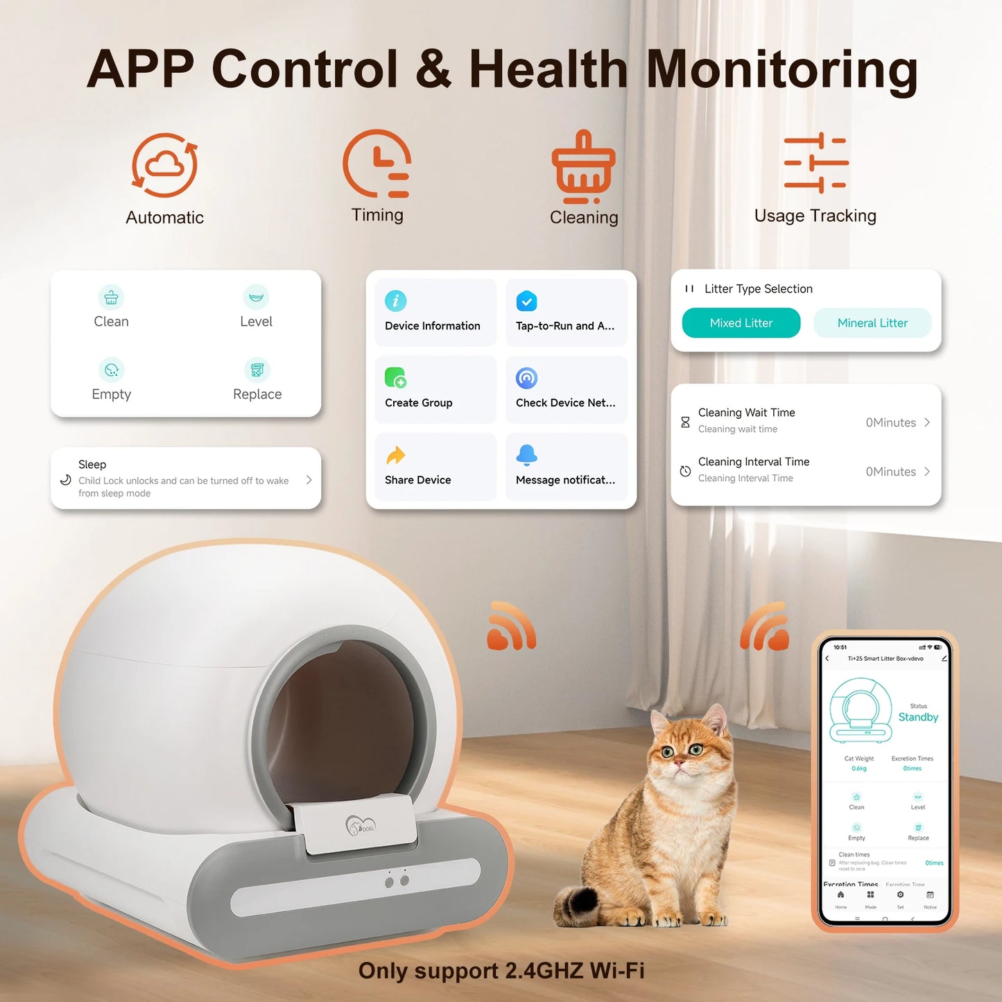 Self-Cleaning Cat Litter Box App Control, ONLY Supports Wi-Fi
