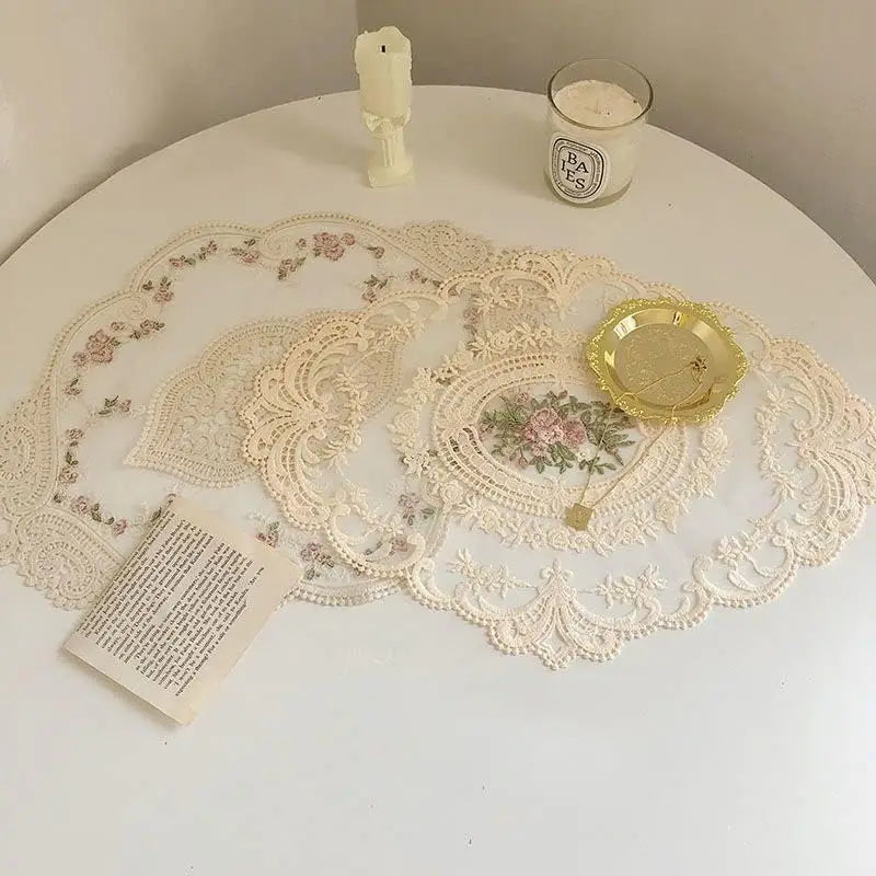 Large Beige Retro Lace Placemats, French Crochet Doilies, Handmade Embroidered