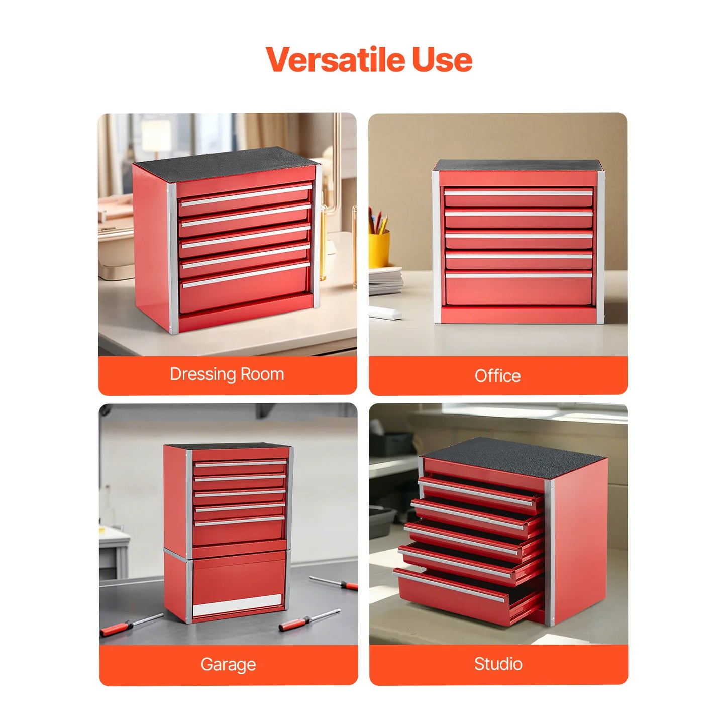 5-Drawer Metal Toolbox Red/Black Portable Small Tool Chest with PP Feet Pads for Garage Workshop Tools Storage