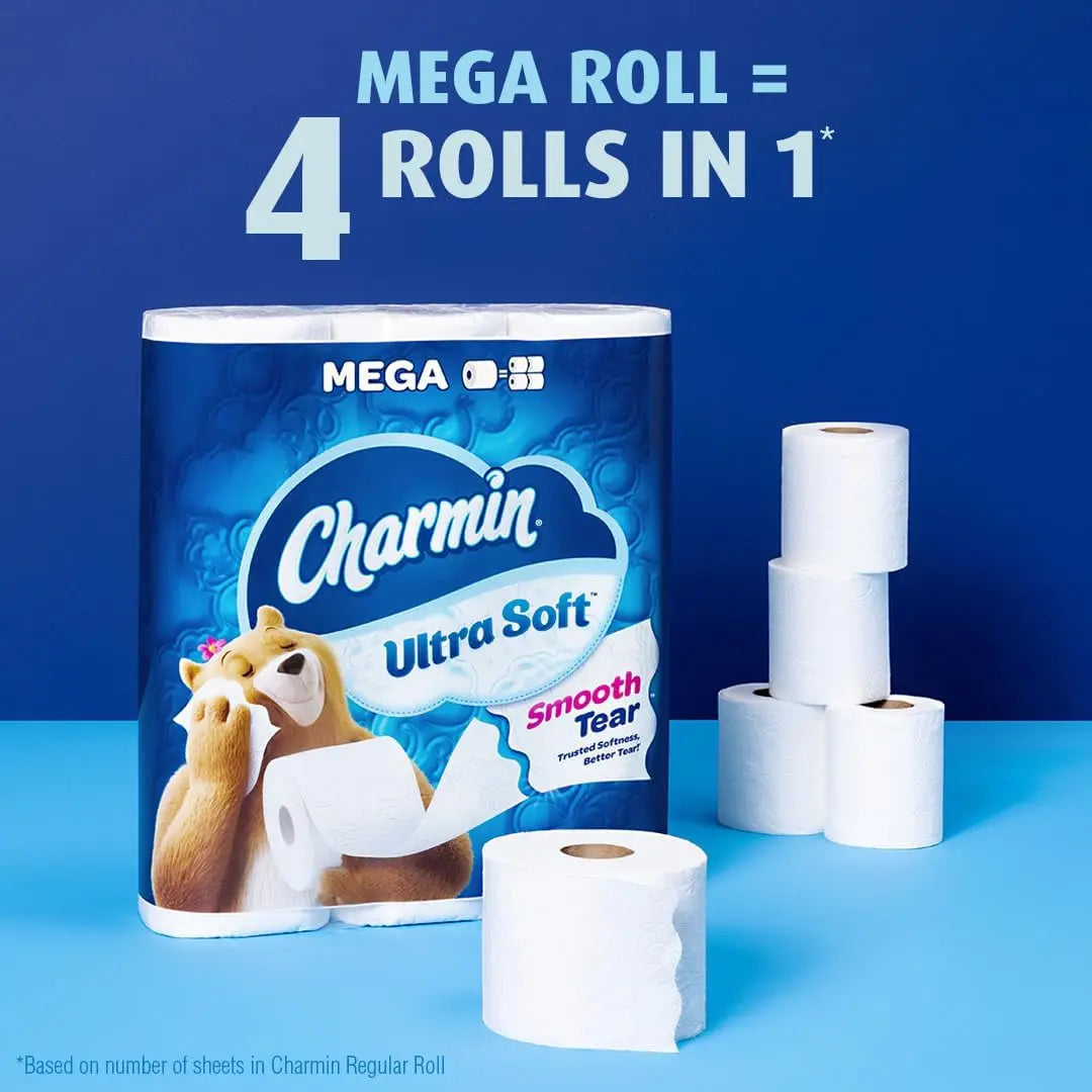 Ultra Soft Toilet Paper 6 Mega Rolls, Gentle and Absorbent.