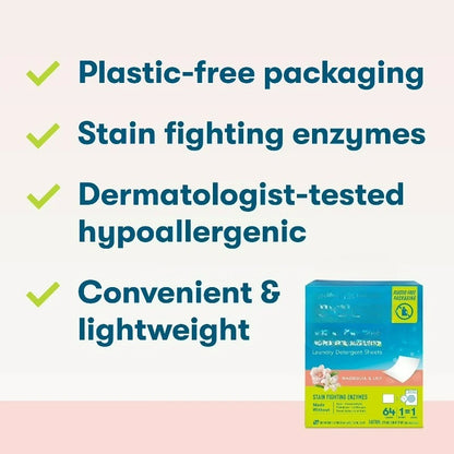 Hypoallergenic Laundry Detergent Sheets for Sensitive Skin, Magnolia & Lily, 64 ct