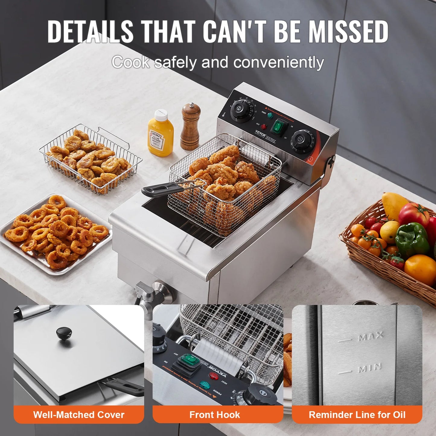 Commercial Deep Fryer Electric Countertop Fryer with Basket 6Qt Stainless Steel Single Oil Fryer w/Temp Control