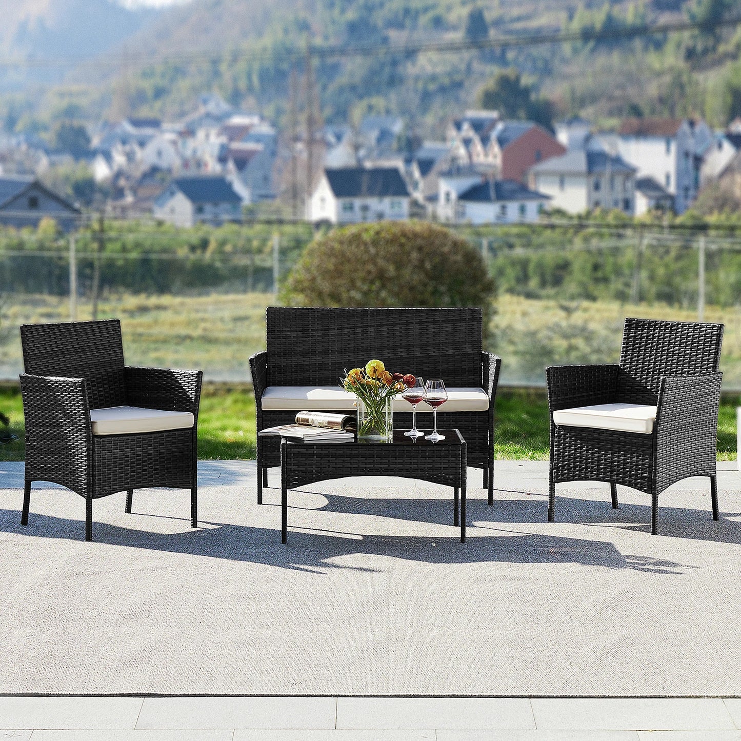 4 Piece Outdoor Patio Furniture Set with Soft Cushion and Glass Table Manual Weaving Wicker chairs