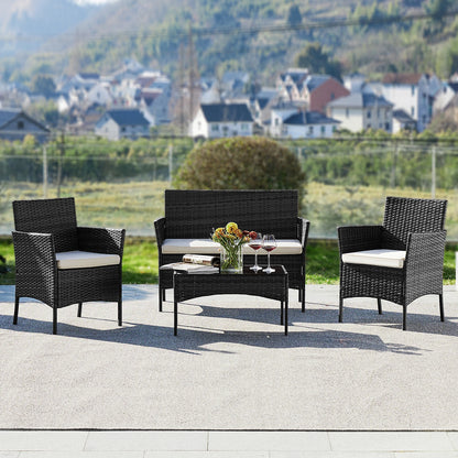 4 Piece Outdoor Patio Furniture Set with Soft Cushion and Glass Table Manual Weaving Wicker chairs