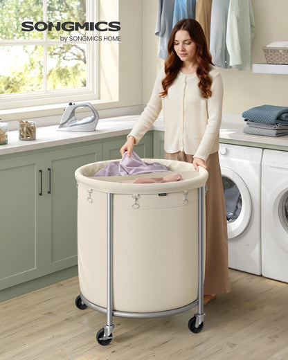 Laundry Basket with Wheels, Rolling Round Heavy-Duty Laundry Hamper Cart with Steel Frame